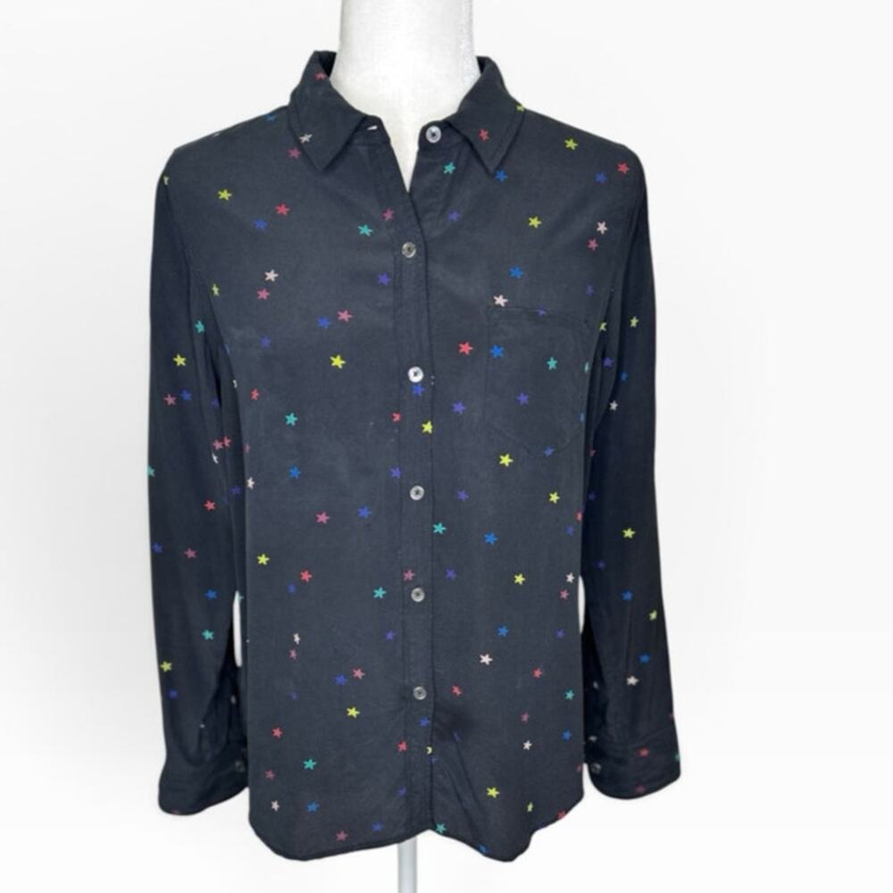Rails Kate 100%Silk Black Multi Color Star Print Button Down Long Sleeve Blouse